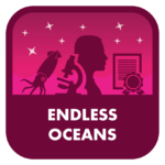 A square icon with rounded corners, primarily in shades of pink and purple. It is labeled "ENDLESS OCEANS" and contains stylized images, including a profile silhouette of a person looking through a microscope, an squid, and a framed certificate with a seal, all set against a backdrop of stars, symbolizing exploration and achievement in marine science.