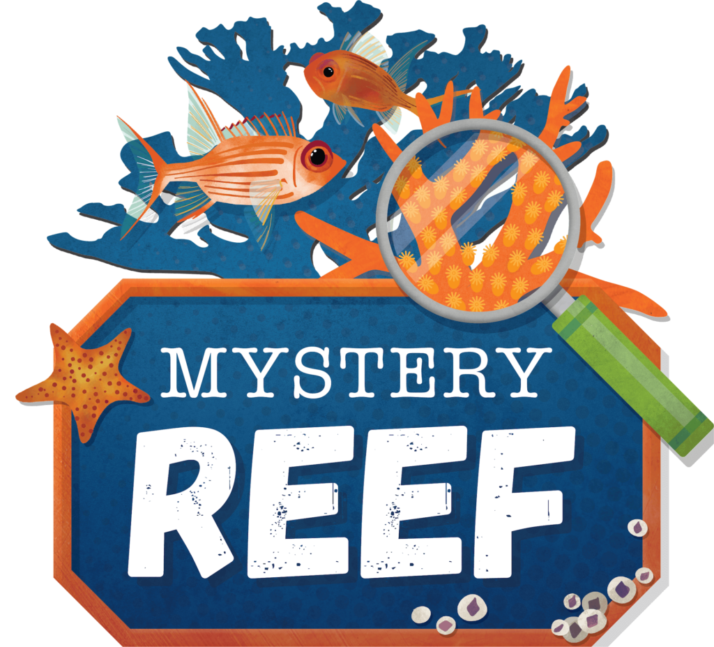 Logo for Mystery Reef featuring a magnifying glass revealing the tiny polyps that make up a coral, surrounded by reef animals including squirrelfish and a sea star.